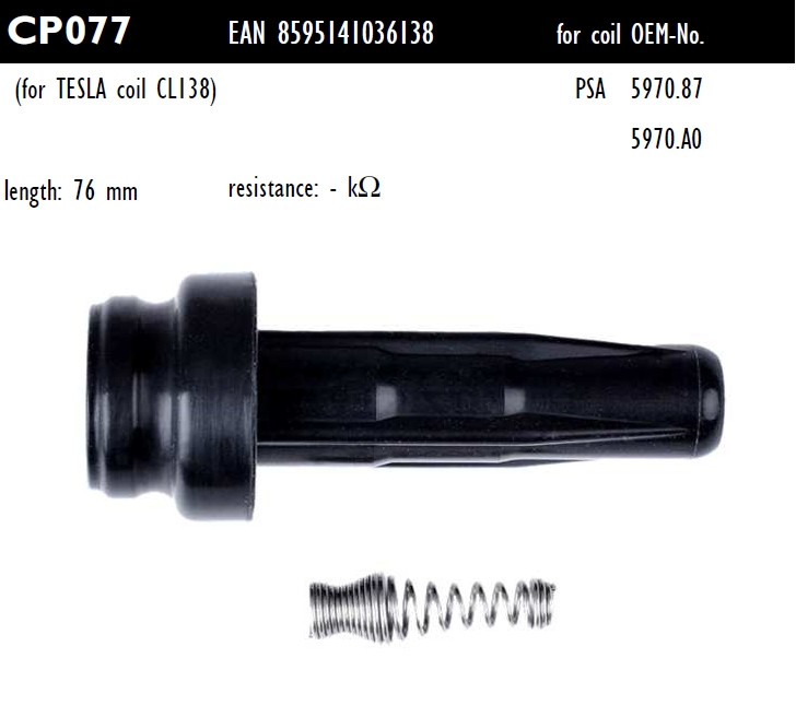 Наконечник котушки запалювання Tesla CP077 для CITROEN, C4, C5, C8, Jumpy, 1.8, 2.0, PEUGEOT, 307, 407, 807, Expert 1.8, 2.0,, фото 1