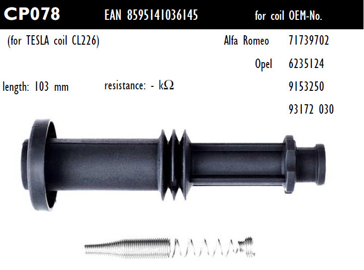 Наконечник котушки запалювання Tesla CP078 71739702, 6235124, 9153250, 93172 030, для ALFA ROMEO 159, Brera, Spider, OPEL Signum,