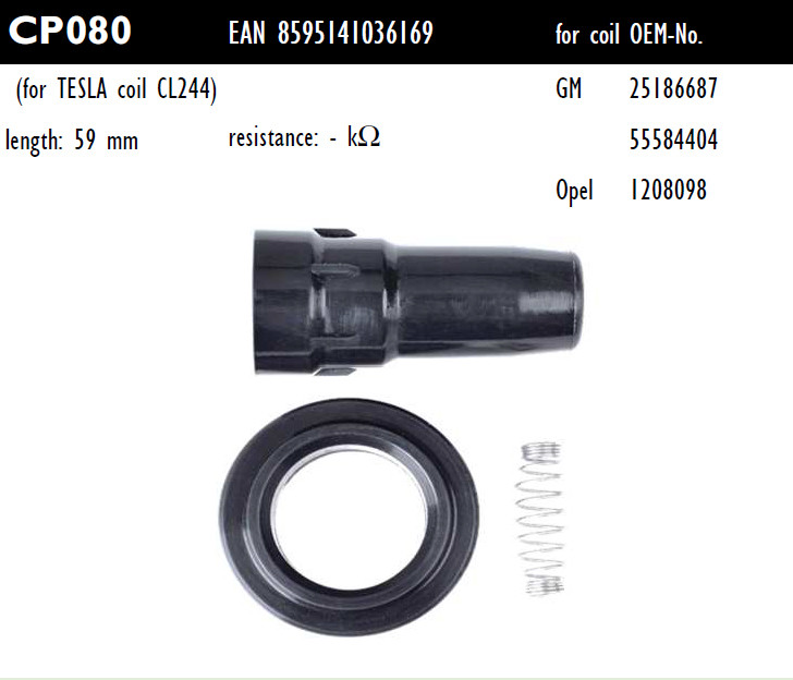 Наконечник котушки запалювання Tesla CP080 25186687, 55584404, 1208098, для OPEL (VAUXHALL), Astra J, Mokka, 1,6 двиг. A16 XER/B16