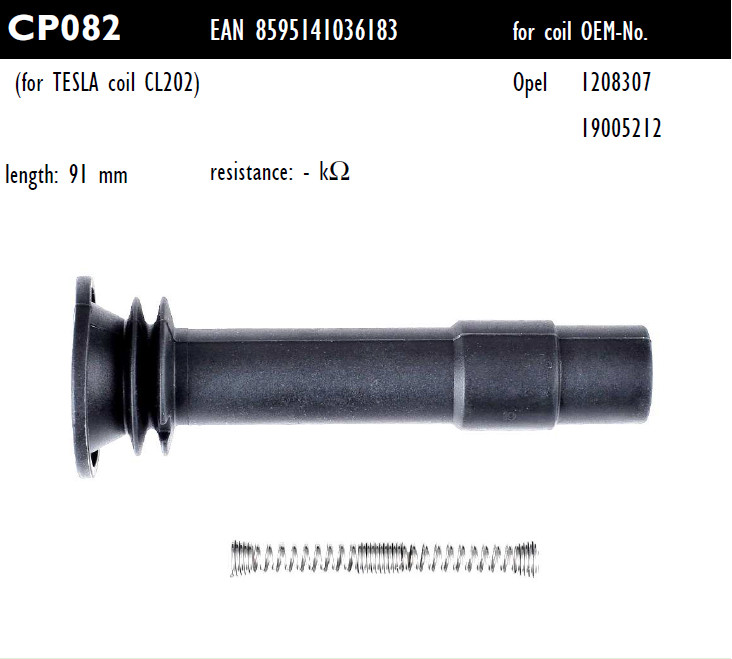 Наконечник котушки запалювання Tesla CP082 1208307, 19005212, для OPEL (VAUXHALL), Astra G 1.4 16V, 1.6 16V, 1.6 CNG