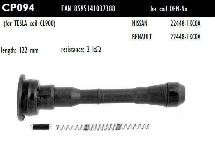 Наконечник котушки запалювання Tesla CP094 22448-1KC0A, 22448-1KC0A, для NISSAN Juke (F15) 1.6, Pulsar CC (C13) 1.6, двиг.