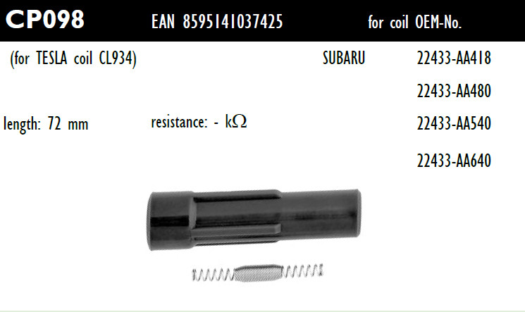 Наконечник котушки запалювання Tesla CP098 22433-AA418, 22433-AA480, 22433-AA540, 22433-AA640, для SUBARU, Forester (SG, SH),