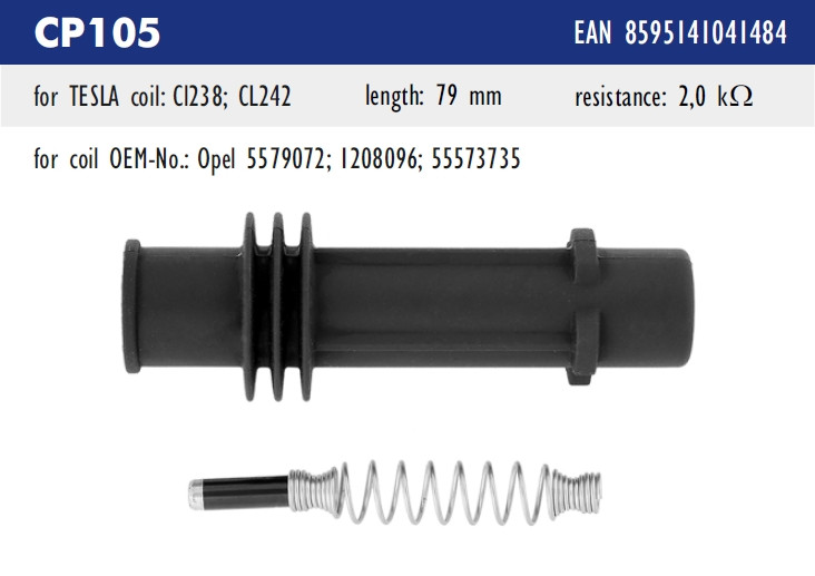 Наконечник котушки запалювання Tesla CP105 для CHEVROLET, Aveo 1.2, 1.4, Cruze, Orlando, Trax, 1.4, OPEL Adam, Ampera, Astra J,, фото 1