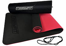 Килимок для йоги та фітнесу EasyFit TPE+TC 6 мм двошаровий + Чохол чорний з червоним