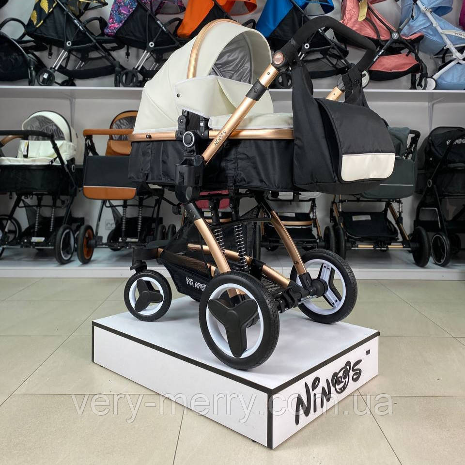 Універсальна коляска-трансформер 2 в 1 Ninos Bono (Нинос Боно) White Black ((чорно-білий колір на золотій рамі), фото 1