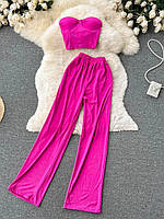 Женский трендовый молодежный красивый однотонный костюм двойка топ с чашками и штаны клеш (разные цвета)