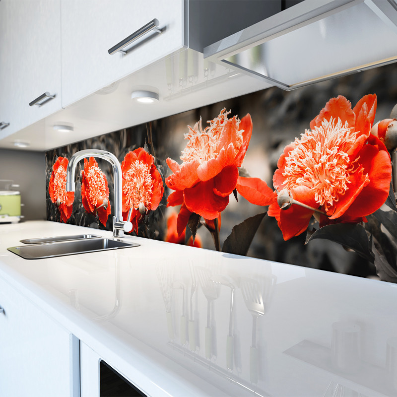 Кухонний фартух Червоні півонії наклейки плівка для стін червоні квіти на чорному тлі 3Д квіти 600*2500 мм