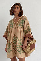 Женское платье вышиванка с удивительной вышивкой гладью на рукавах и спереди оверсайз лен размеры:42-50 Турция