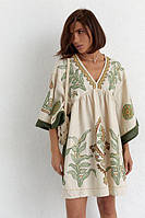 Женское платье вышиванка с удивительной вышивкой гладью на рукавах и спереди оверсайз лен размеры:42-50 Турция