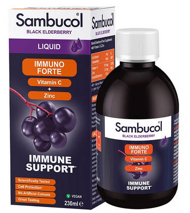 Сироп чорної бузини самбукол із вітаміном С та Цинком Sambucol Immuno Forte Vitamin C Zinc Liquid 230мл, фото 1