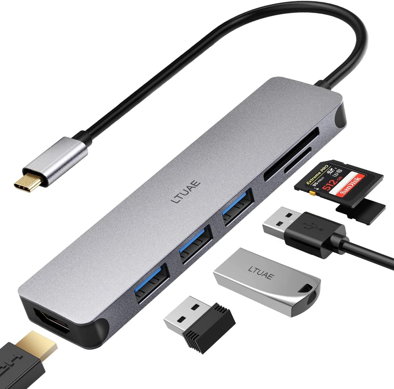 Концентратор USB C, адаптер USB C з виходом 4K HDMI, 3 порти USB 3.0, пристрій читання карт, фото 1