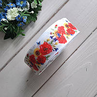 Стрічка репсова 2.5 см малюнок маки, соняшники, дрібні волошки та метелик