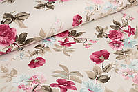 Декоративная ткань/ панама Цветы розовые, голубые на кремовом (остаток 1.10 мп)