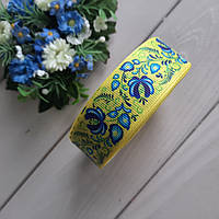 Стрічка репсова 2.5 см малюнок сині іриси на жовтому тлі