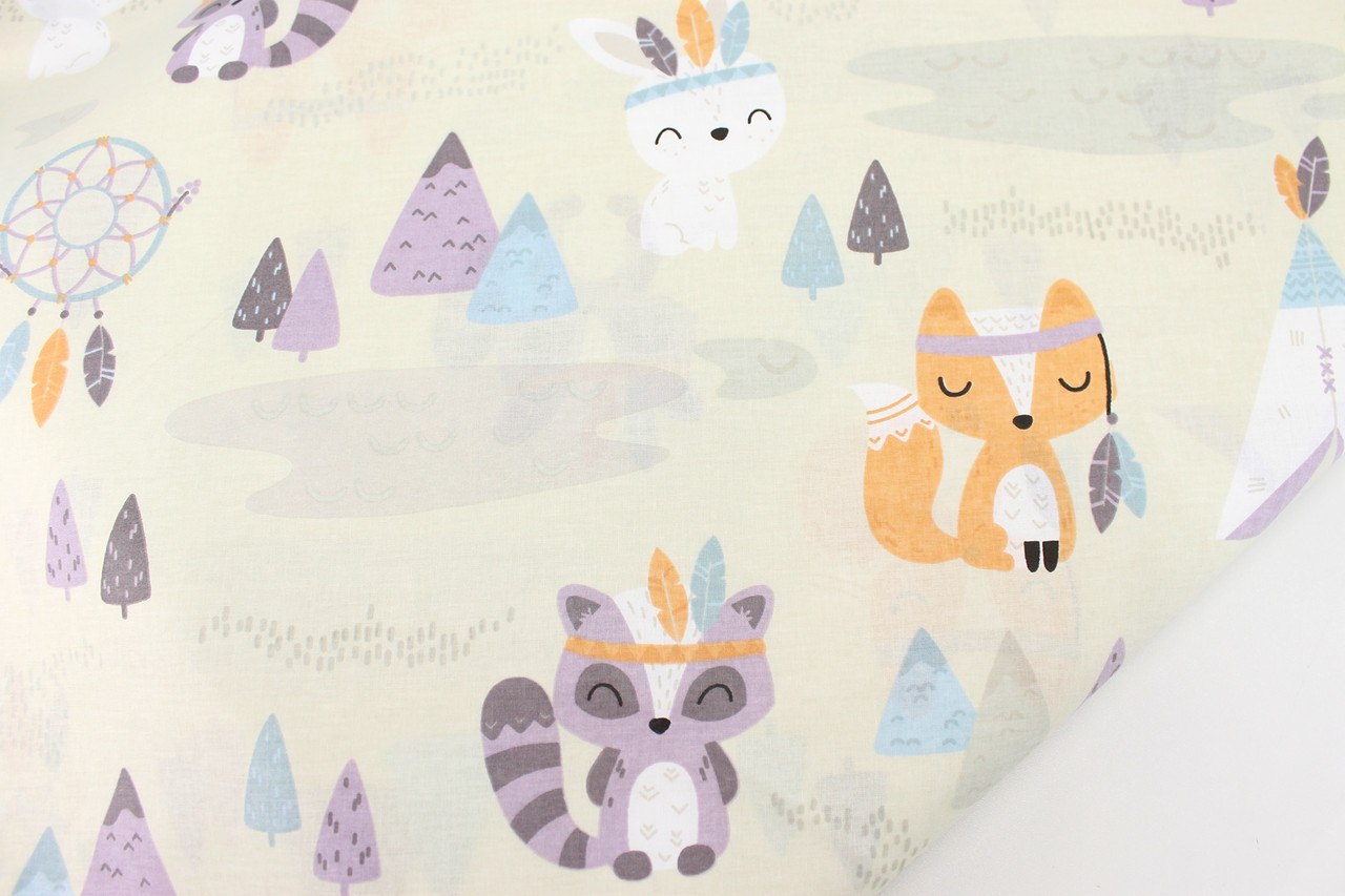 Тканина бязь "Великі звірята індіанці" лисички, зайчики та єноти № 1988, фото 1
