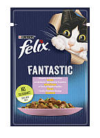 Упаковка влажного корма Purina Felix Fantastic для котов с форелью и зелеными бобами (кусочки в желе) 85 г x