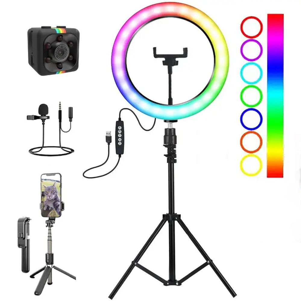 Набір блогера 5в1 Кільцева двостороння RGB лампа 3D 36см Штатив 2м Селфі палиця Петличний мікрофон Екш камера, фото 1