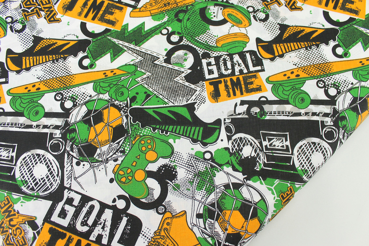 Тканина хб "Магнітофони, навушники та скейт" у зелено-рудих кольорах на білому тлі № 2048, фото 1