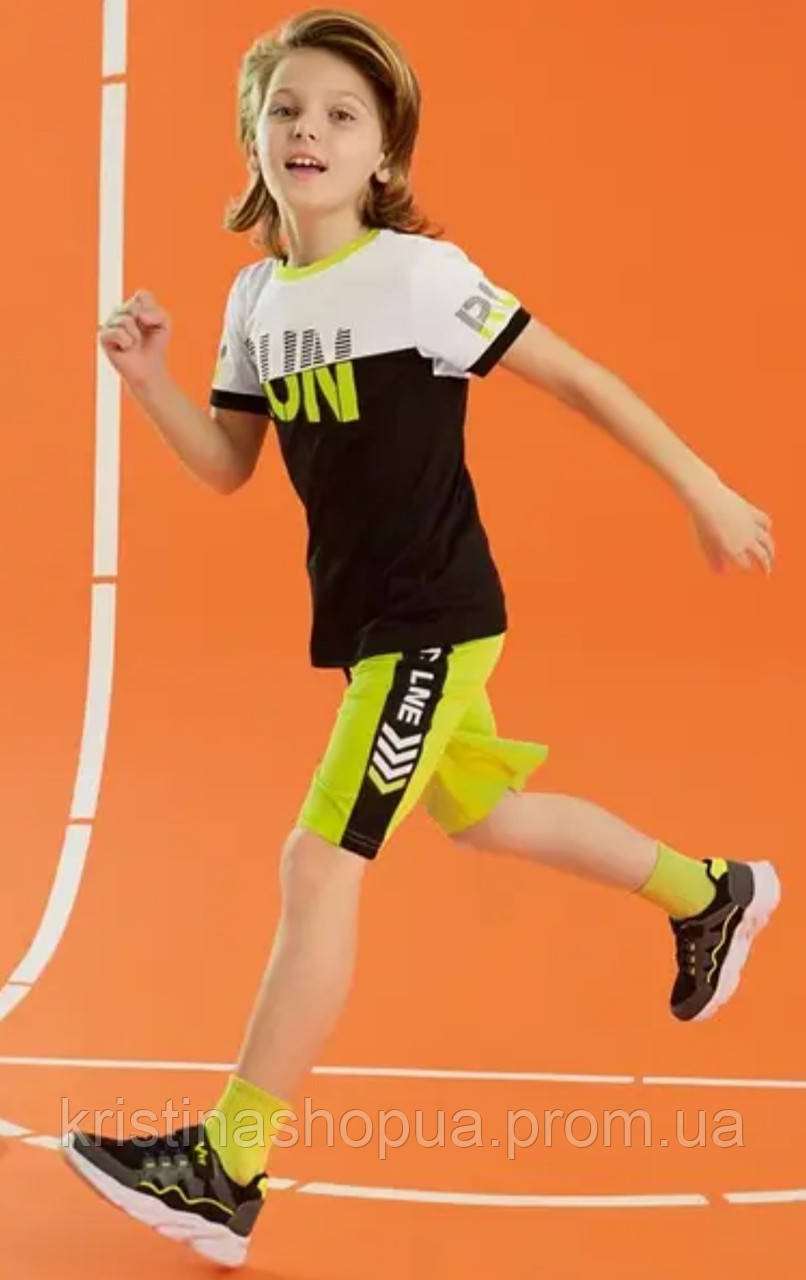 Турецький дитячий костюм з футболки та шортів біло-чорного-лимонного кольору на хлопчика 3-4,  7-8,9-10 років