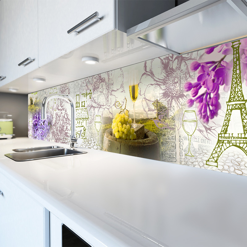 Кухонний фартух Вино та Париж фотодрук наклейки плівка для стін Франція Ейфелева вежа бузок 600*2000 мм, фото 1