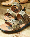 Літні шльопанці чоловічі шкіряні, оливкові спортивні молодіжні тапочки на липучці з натуральної шкіри на літо *П-106 (олив)*, фото 3