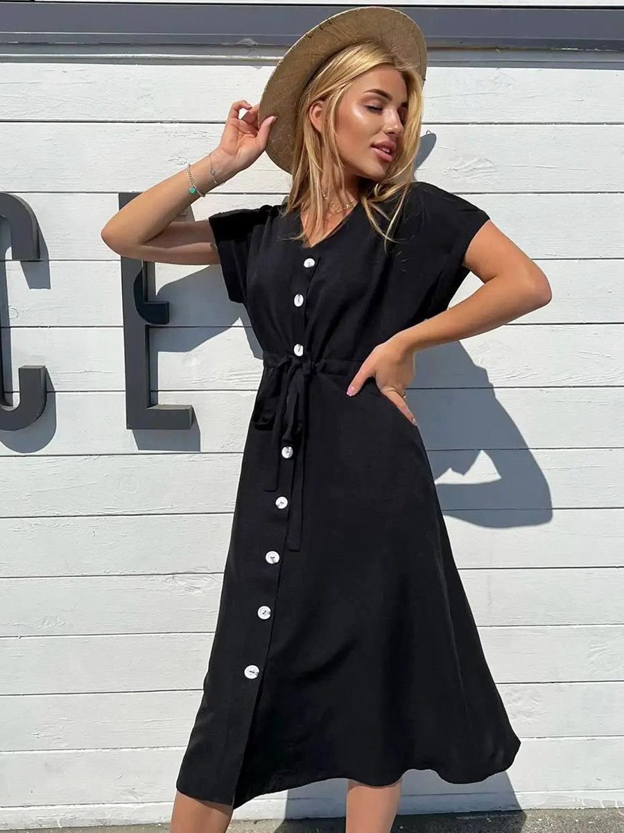 Зручне літнє повсякденне плаття з легкої натуральної тканини, чорне, фото 1