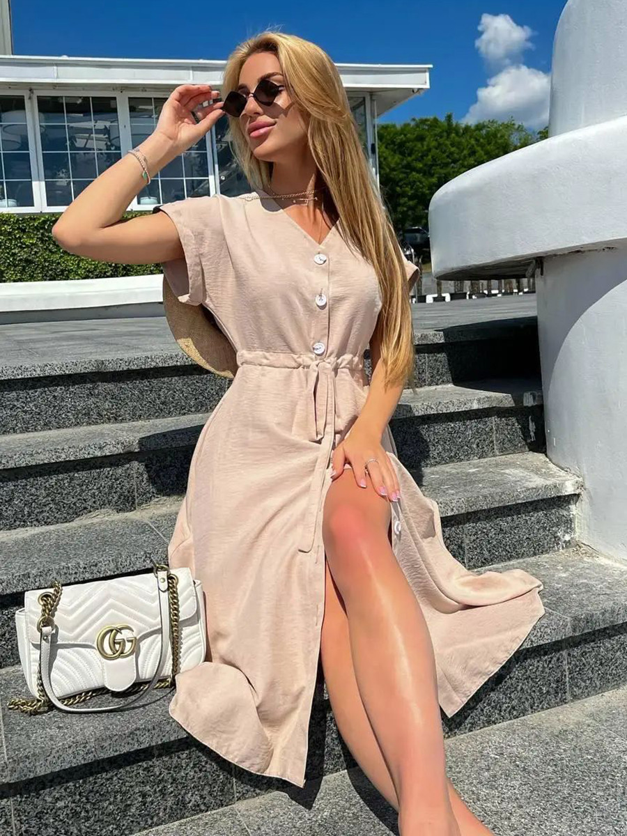 Зручне літнє повсякденне плаття з легкої натуральної тканини, бежеве, фото 1