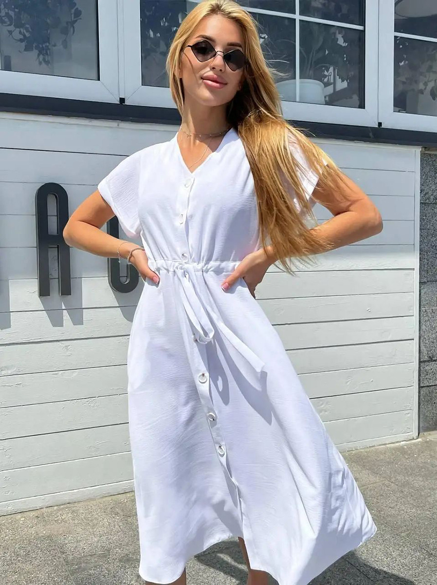 Зручне літнє повсякденне плаття з легкої натуральної тканини, біле, фото 1
