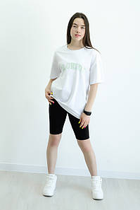 Комплект для дівчинки на літо FLORIDA чорні велосипедки та біла футболка зелений принт