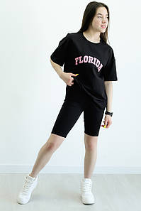 Комплект для дівчинки на літо FLORIDA чорні велосипедки та чорна футболка рожевий принт