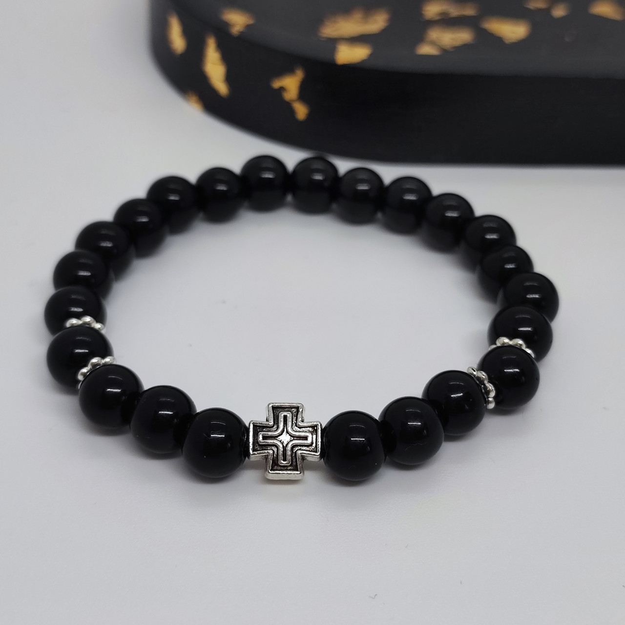 Браслет з натурального каміння чорний онікс на 23 бусини, фото 1