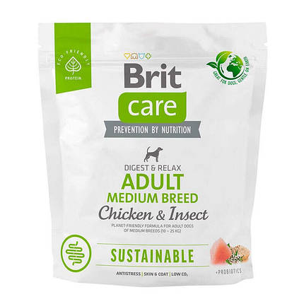 Brit care Sustainable Adult Medium Breed Сухий корм для дорослих собак середніх порід, курка та комахи 1кг, фото 1