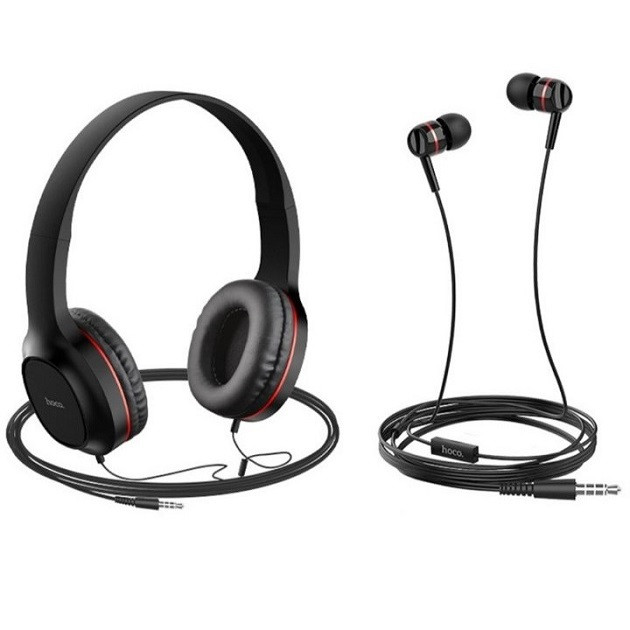 Навушники провідні Hoco TWOPACK W24 набір (накладні та вакуумні) Чорно-червоні, фото 1