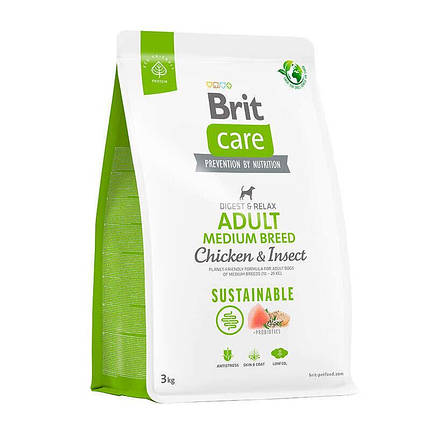Brit care Sustainable Adult Medium Breed Сухий корм для дорослих собак середніх порід, курка та комахи 3кг, фото 1