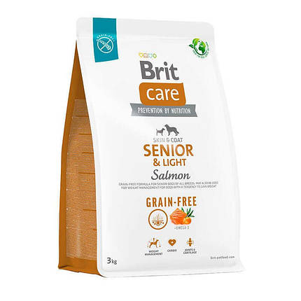 Brit care Dog Grain-free Senior & Light Сухий беззерновий корм з лососем для старіючих собак 3кг, фото 1