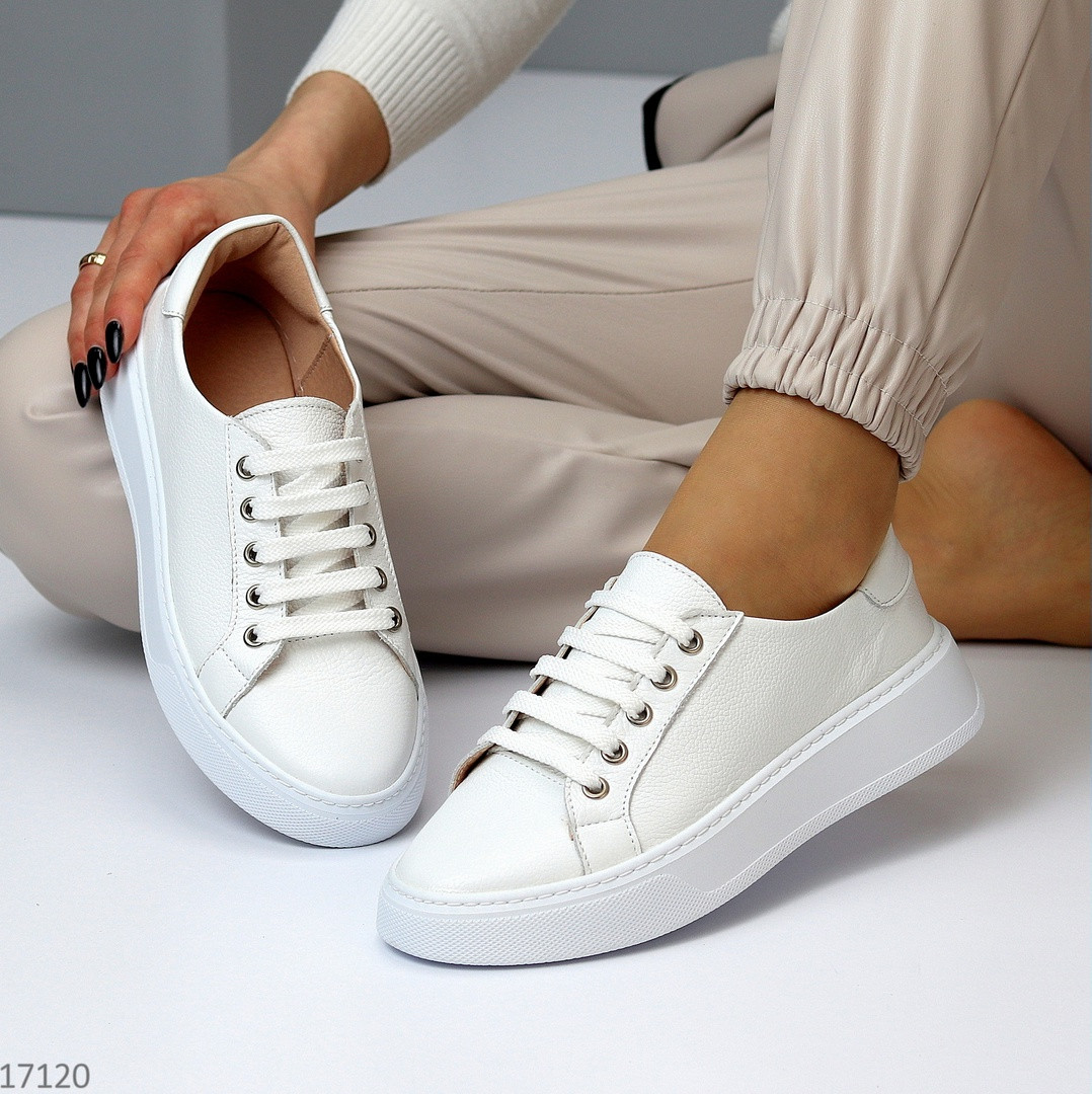 Комфортні прошиті шкіряні жіночі білі кеди натуральна шкіра флотар, фото 1