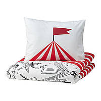 IKEA BUSENKEL (ИКЕА БУЗЕНКЕЛЬ) Підковдра та наволочка, червоний/білий цирковий візерунок, 150x200/50x60 см 605.178.25