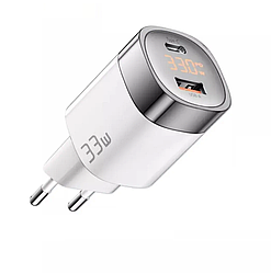 Зарядний пристрій Essager мережевий 33W GaN III PD USB-C+USB-A з дисплеєм White (JT-P18)