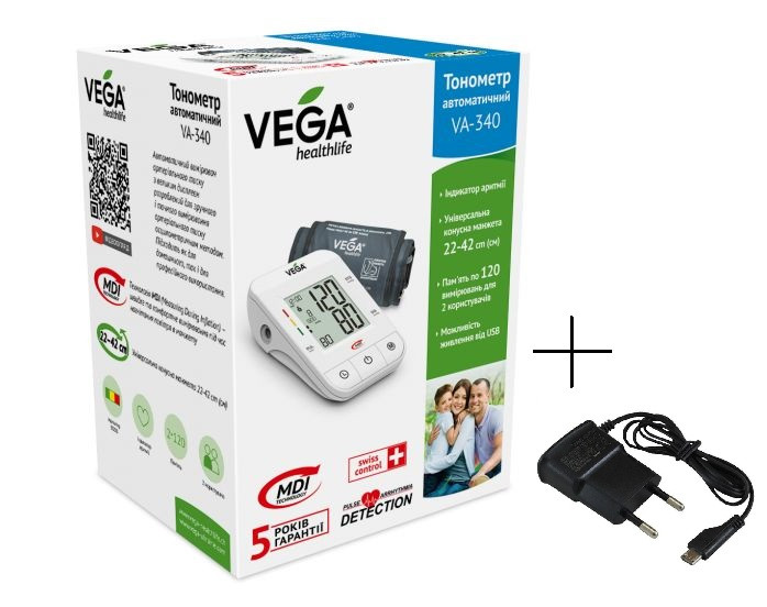 Тонометр VEGA VA-340 new + адаптер micro USB з LUX манжетою 22-42 см гарантія 5 років