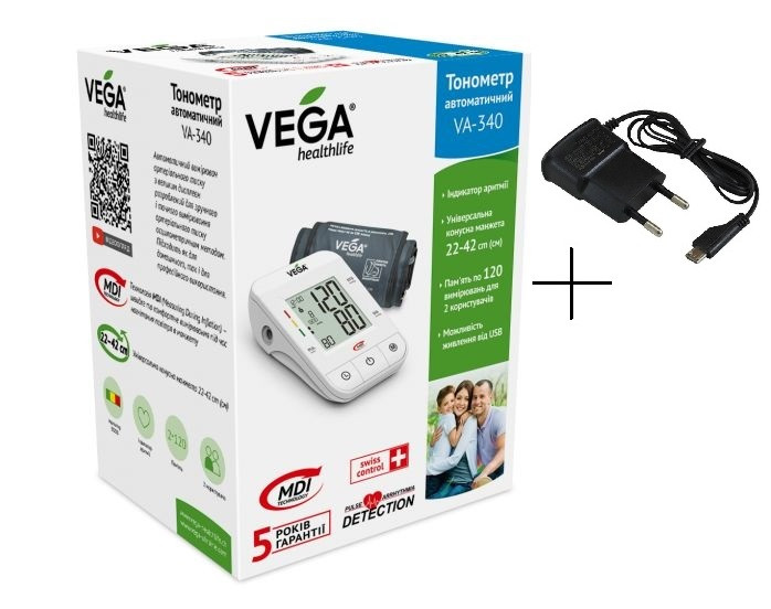 Тонометр VEGA VA-340 new + адаптер micro USB з LUX манжетою 22-32 см гарантія 5 років
