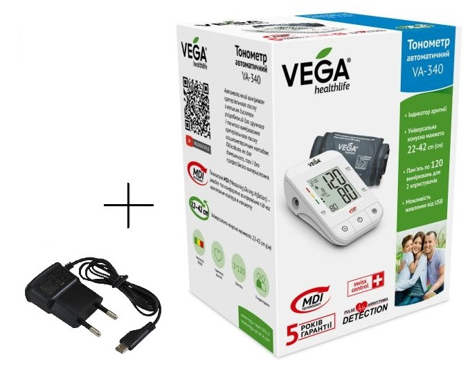 Тонометр VEGA VA-340 new + адаптер Micro USB з оригінальною манжетою VEGA 22-42см гарантія 5 років