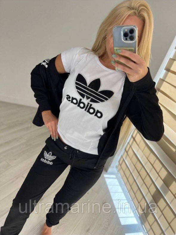 Жіночий спортивний костюм-трійка Adidas жіночий з футболкою легкий весна-літо чорний (Адідас трикотаж двунитка Туреччина)