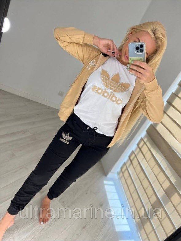 Жіночий спортивний костюм-трійка Adidas жіночий з футболкою легкий весна-літо чорний з бежевим(Адідас трикотаж двунитка Туреччина), фото 1