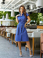 Новинка!!! Льняное платье - рубашка c поясом, арт 357, цвет синий джинс