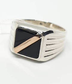 Чоловічий перстень 925 проби з вставкою золота 375 проби з оніксом