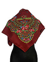 Женский платок в украинском стиле. 80 на 80 см, с тонкой шерсти, бордового цвета, модель 1