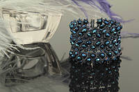 Браслет широкий плетений мереживний м'який з синіми намистинами та бісером "Індиго" Ручна робота