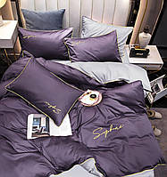 Качественное постельное белье из сатина двуспального размера цвет фиолетовый+серый