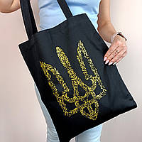 Патриотическая сумка для покупок, синий шопер с Гербом Украины золотым, эко-сумка принтом Тризуб с блестками