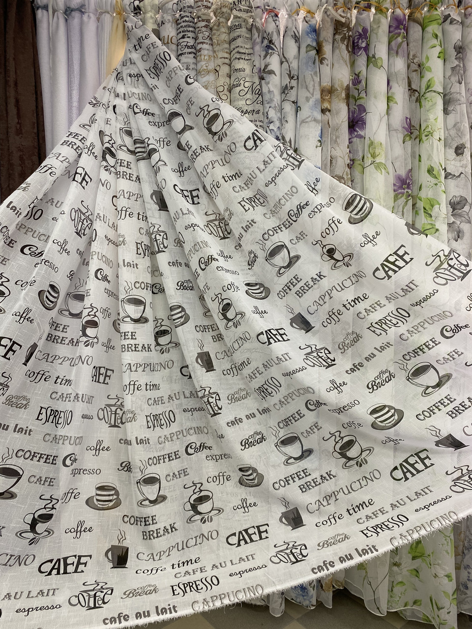 Тюль льон Газета (горнятко кави). Висота 2,80м. Колір біло-сірий.